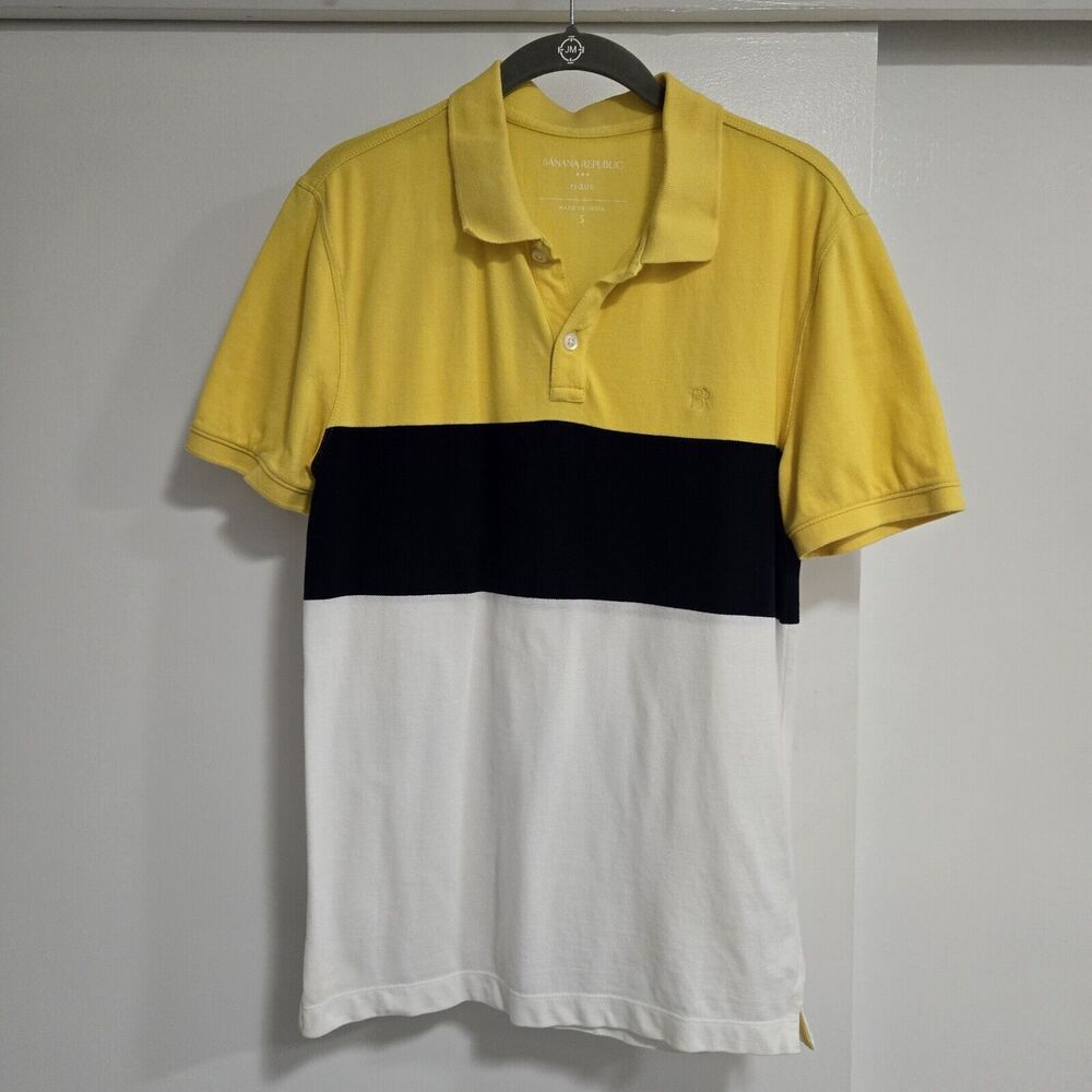 Banana Republic Sz Small Yellow Navy Polo Shirt Pique Short Sleeve Wide Striped